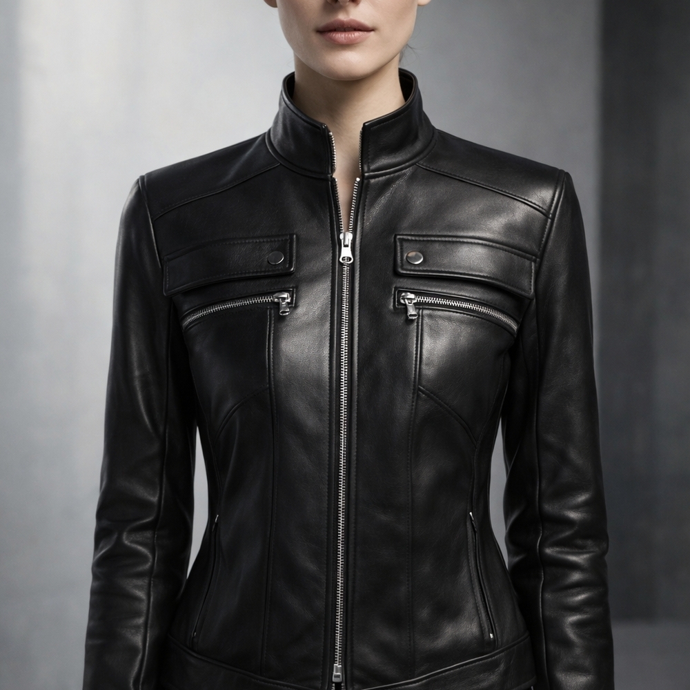 Women's Black Leather Stand-Collar Zip Jacket